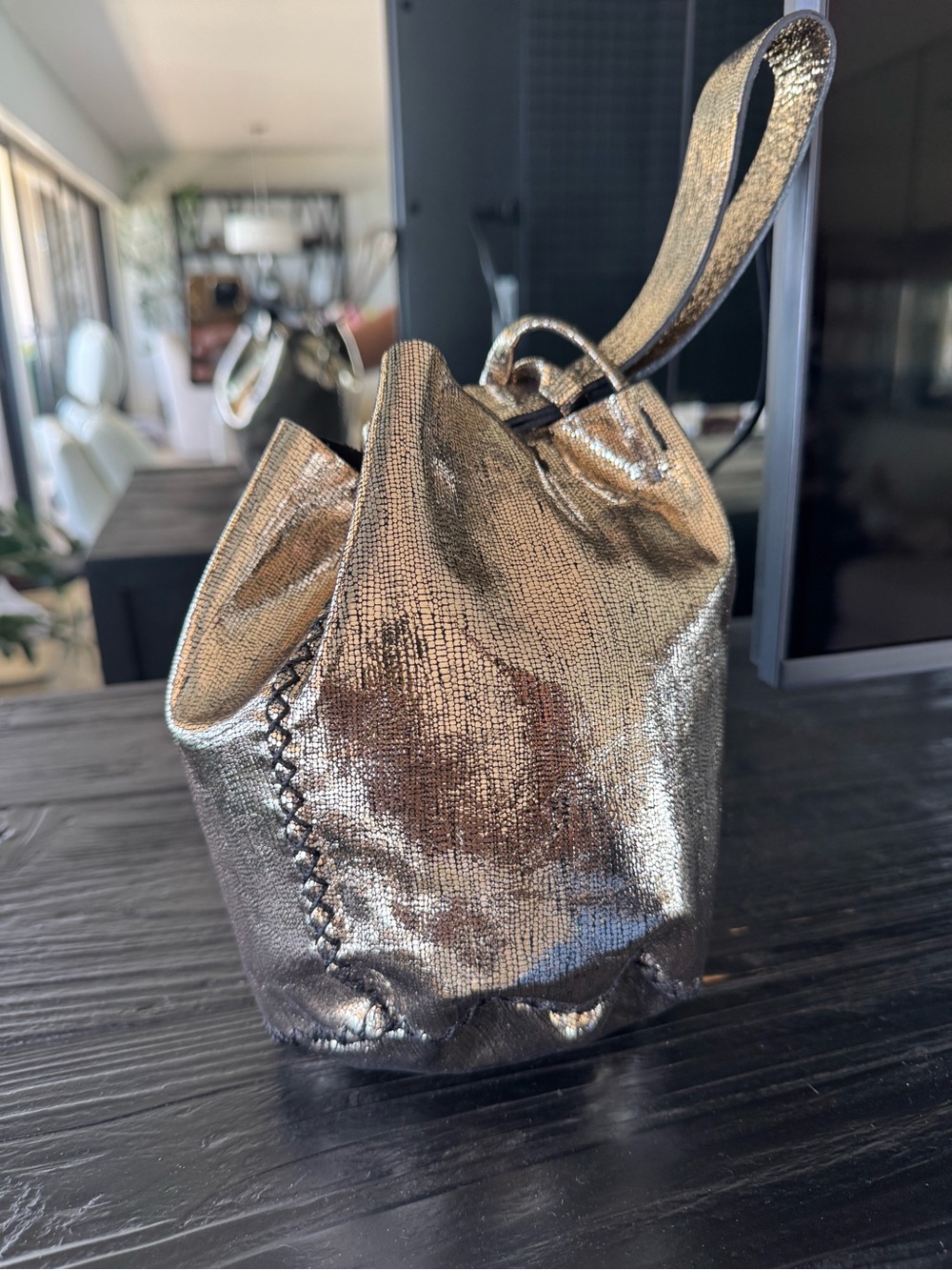Metallic Gold Bucket Bag Drawstring Purse Wristlet - Picture 2 of 9